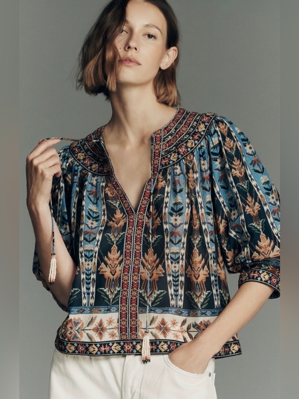 NEW Farm Rio Blue Tapestry Tassels Puff Sleeve Top  Size XL